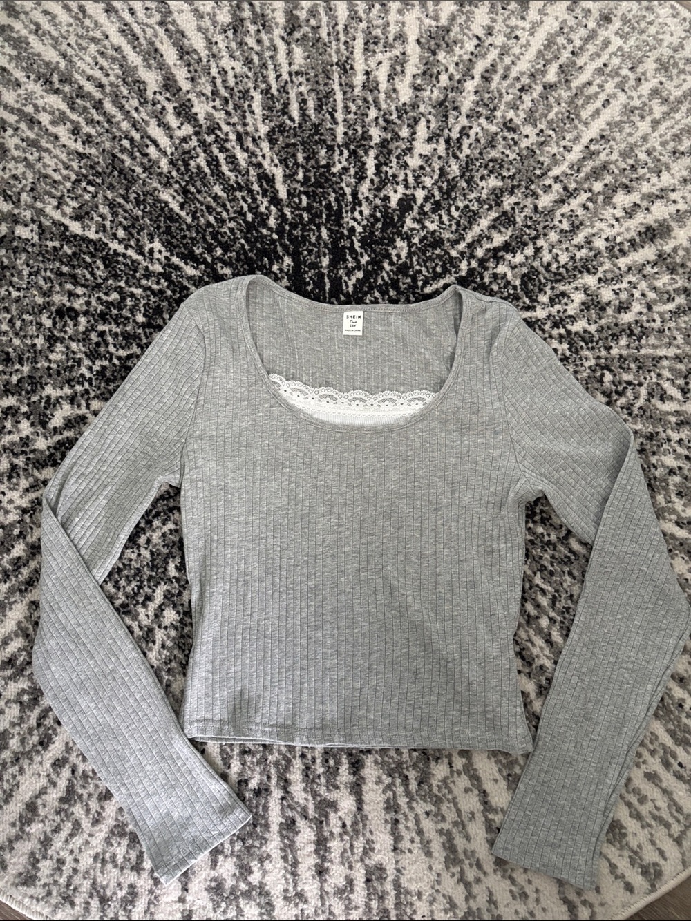 Gray Ribbed Scoopneck Long Sleeve Lace-Trim Top